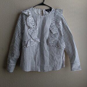 Lipslide White and Black Striped Long Sleeve Blouse with Ruffles Size Medium